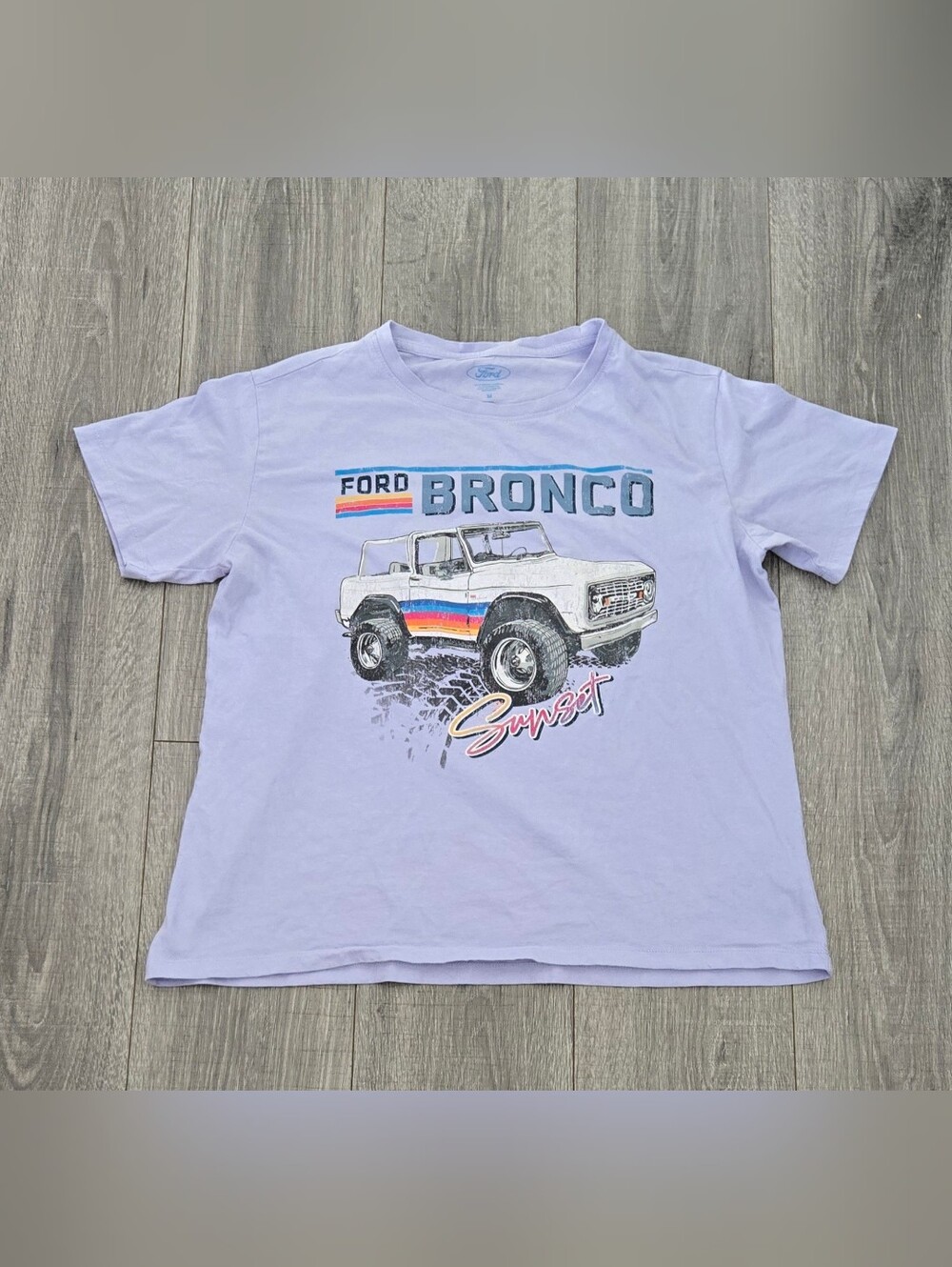 Ford Bronco Sunset Graphic T Shirt Women’s Medium Lavender Retro 4x4 Tee.